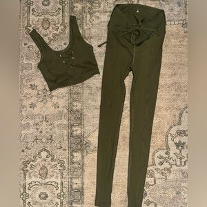 Year of Ours Olive Lace-Up Ribbed Crop Tank & High-Waist Leggings ***NWOT***